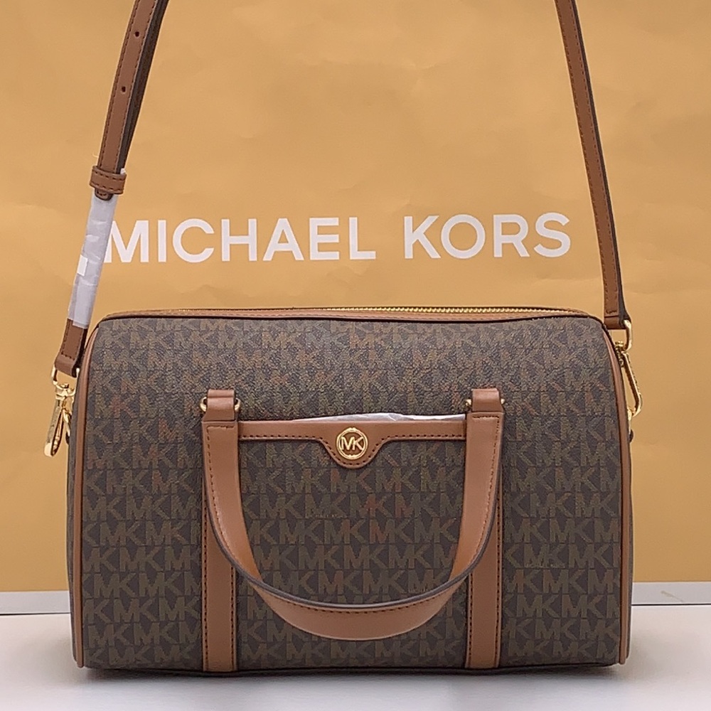 MICHAEL KORS JST TRAVEL MEDIUM DUFFLE SATCHEL SHOULDER CROSSBODY BAG MK BROWN - Picture 4 of 16